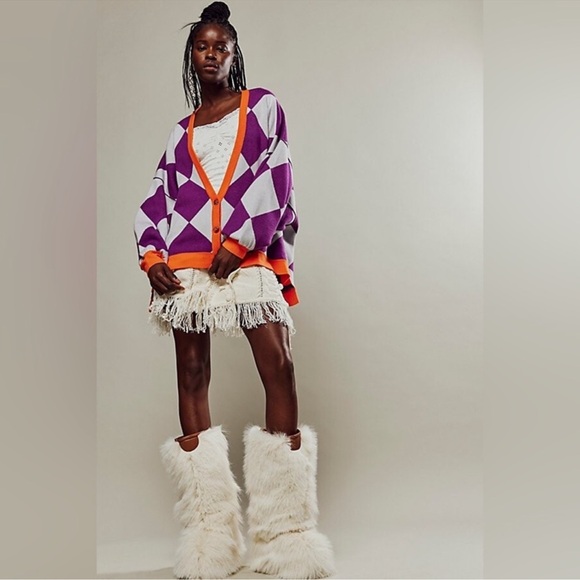 We The Free Sweaters - NWT We The Free People Manny Cardi Dahlia Purple Argyle V-Neck Cardigan Medium